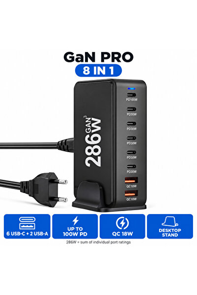 Staryon Stație de încărcare USB GaN 286W Cumulat 8 în 1, Staryon, 6 USB-C + 2...