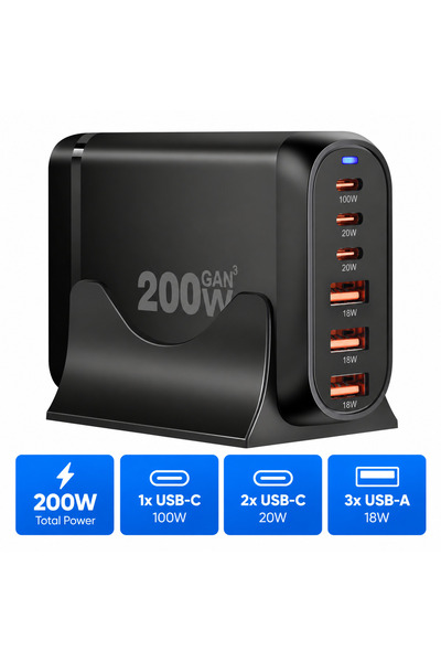 Staryon Stație de încărcare USB 200W GaN PRO 6 în 1 Staryon, Încărcător cu 3x...