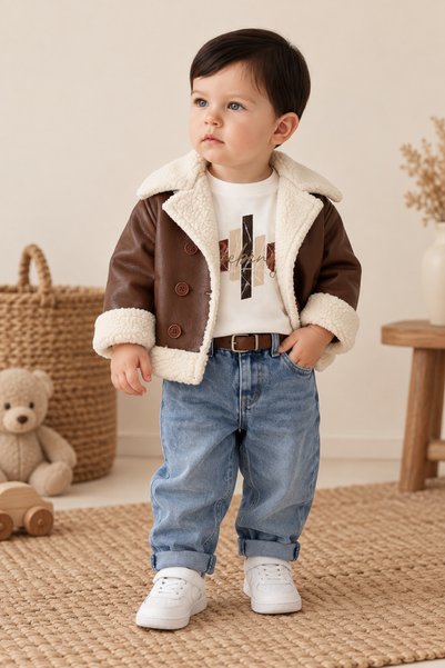 ASİLA Leather-Fur Coat Jacket (Artificial) Lycra Belted Jeans Pants Flexible Printed Bodysuit Unisex 4-Piece Set