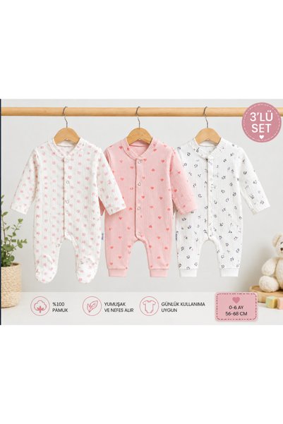 MYZİ STORE Baby Girl Floral Patterned 3-Piece Booties Jumpsuit Set Rib 100% C...