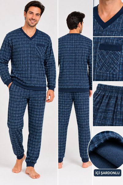 AYSUN TEKSTİL Men's Large V-Neck Footed and Cuffed Sleeves Pajama Set 90% Cot...