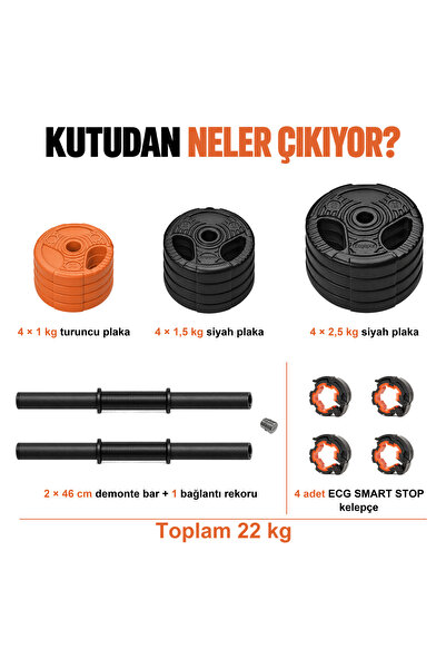 ECG Spor Yıldız Serisi 22 Kg Multifonksiyonel Turuncu Siyah Halter Seti Ve Dambıl Seti