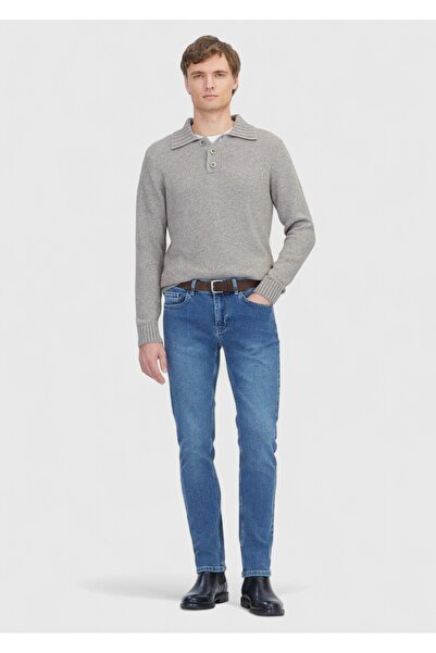 Ramsey Blue Straight Slim Fit Denim Cotton Blended Trousers