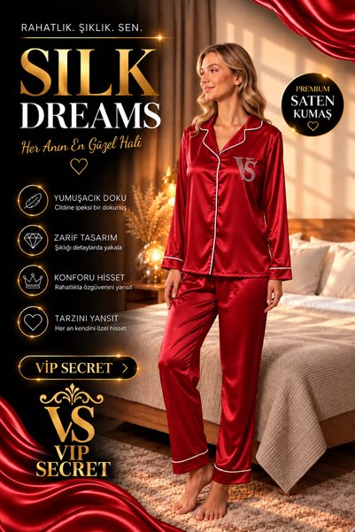 VİP SECRET Set de pijamale pentru femei, cu mâneci lungi, din satin mătăsos, ...