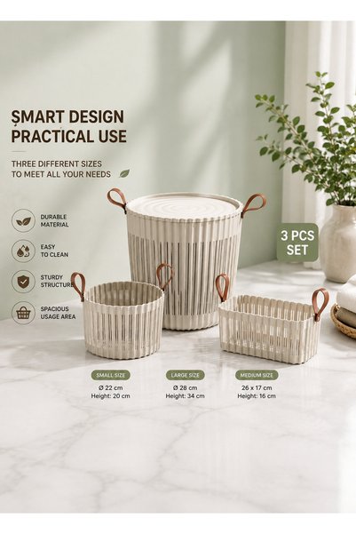 Sungroup Set de 3 coșuri FLEXION bej - Organizator baie și bucătărie, coș de ...
