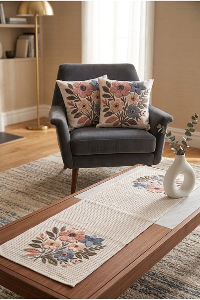 Softifyhome Floral Patterned Runner and Set of 2 Throw Pillow Covers – Raschel Fabric Digital Print Decorative Table Runner
