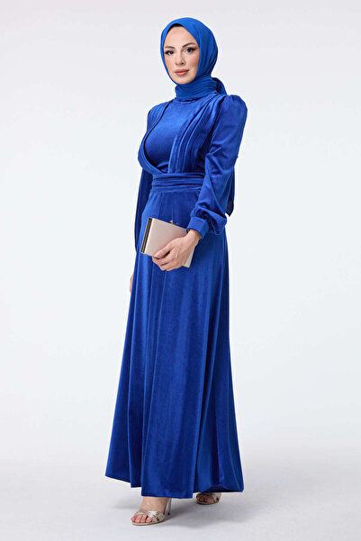 TOFİSA Women's Blue Evening Dress with Straight Turndown Collar - 23428