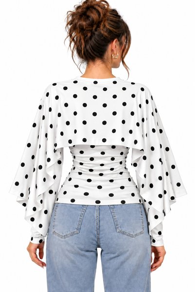 meren like your style White Women's Blouse with an Elegant Cape Detail, Drawstring Waist Design, and Stylish Silhouette; an Ideal Choice for Everyday Outfits and Special Events.