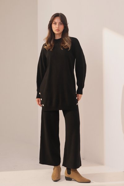 Balenbi Women's Knitwear Fabric Button Detailed 2-Piece Knitwear Set 8576 Black