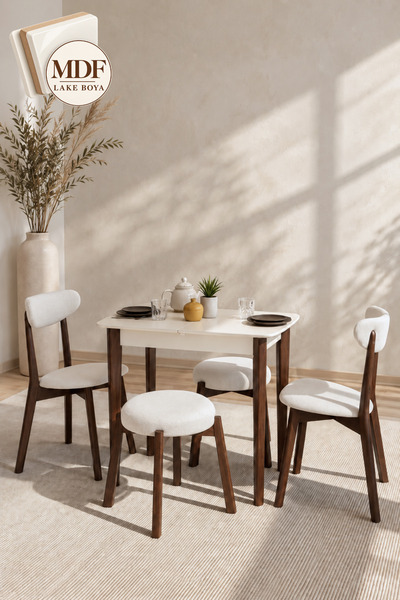 MAQ HOME Nora 4 Kişilik Açılır Mutfak Masası Takımı 60x90 MDF Sandalyeli Pufl...