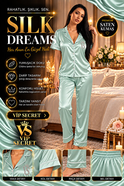 VİP SECRET Silky Satin Short Sleeved Women's Pajama Set with Stone Accents