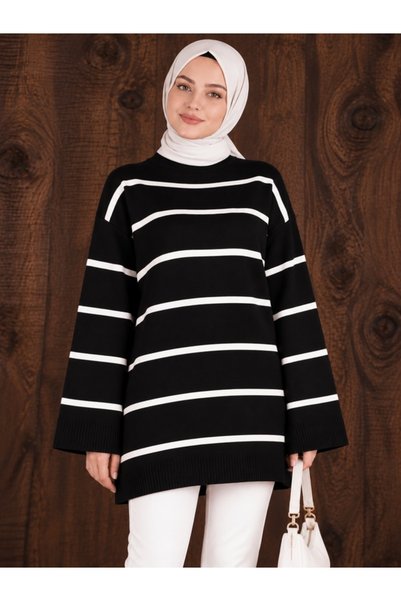 ModaAzen Black Oversize Striped Half Fisherman Women's Knitwear Tunic Sweater