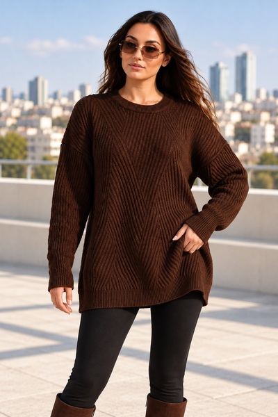 MADAM LİONESS Pulover tricotat maro oversize pentru femei – Decolteu rotund, ...