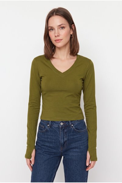Store V Yaka Uzun Kollu Crop Fitilli Ribana Dokulu Basic Bluz Haki