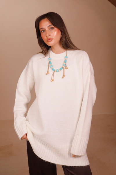 Balenbi Women's Crew Neck Loose Cut Basic Soft Knitwear Tunic 8560 White