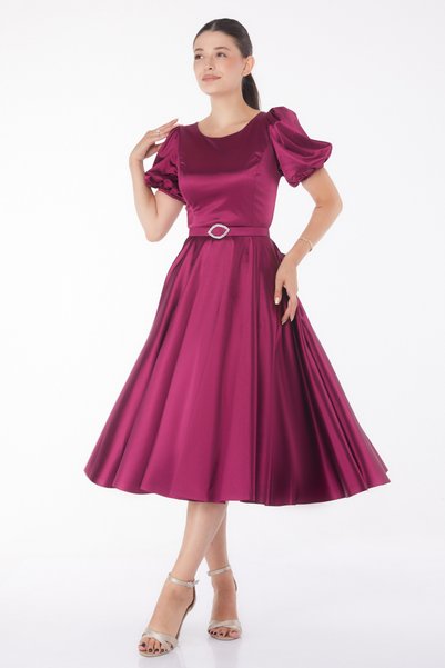TOFİSA Dress with Elastic Sleeves and Kerchief Fusya - 25102-Fusya