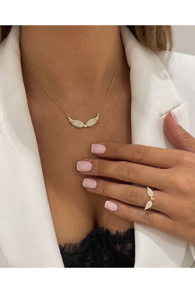 Gleemy accesories Melek Kanadı Figürlü Zirkon Taşlı Gold Çelik Kolye ve Ayarlanabilir Yüzük Seti | Hediye Kutulu Özel Tasarım