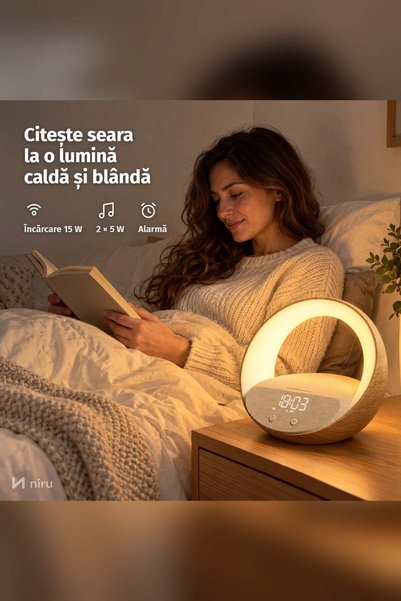 Niru Lampă de veghe cu boxă, încărcător wireless și ceas – LumoHalo