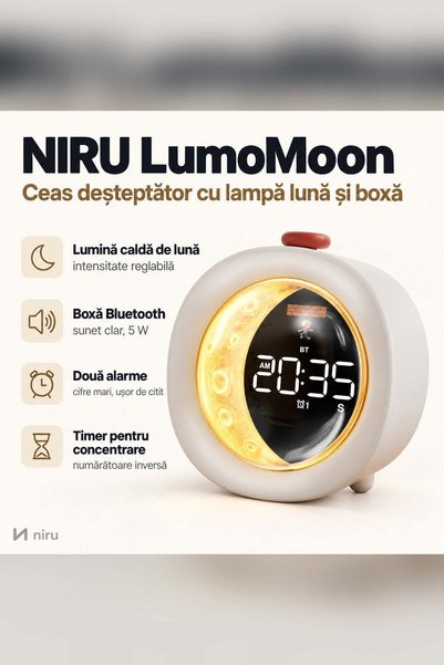 Niru Ceas deșteptător cu lampă lună și boxă – LumoMoon