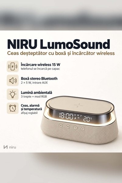 Niru Ceas deșteptător cu boxă și încărcător wireless – LumoSound - Bej