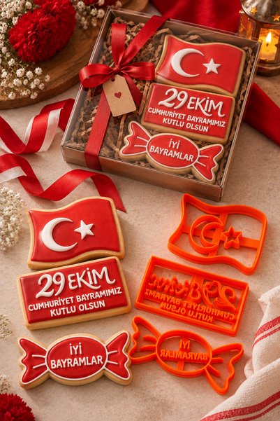 Maflen Cumhuriyet Bayramı 100. Yıl Özel Kutlu Olsun 4'lü Set Kurabiye Kalıbı ve Hamur Şekillendirici