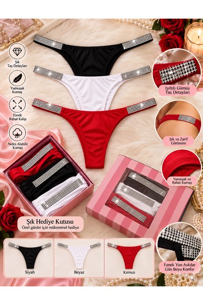 SATTENS Pachet de 3 chiloți bikini cu pietre plate, în cutie (negru, roșu, alb)
