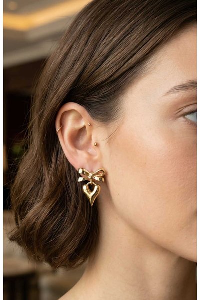 Ivory Pearl Gold Color Heart Design Bow Earrings.Gift