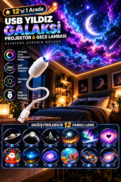 Deseja USB Galaksi Projektör LED Gece Lambası 360° Ayarlanabilir 12 Filmli 2’si 1 Arada Ambiyans Işık