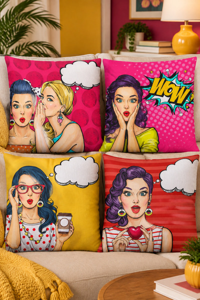 LadiesHome Pop Art Temalı Rengarenk Dekoratif Çift Taraflı Baskı 4’lü Kırlent...