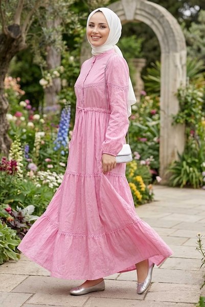 TOFİSA Dantel Detaylı Tünel Kemerli Elbise Pembe - 28542-PEMBE