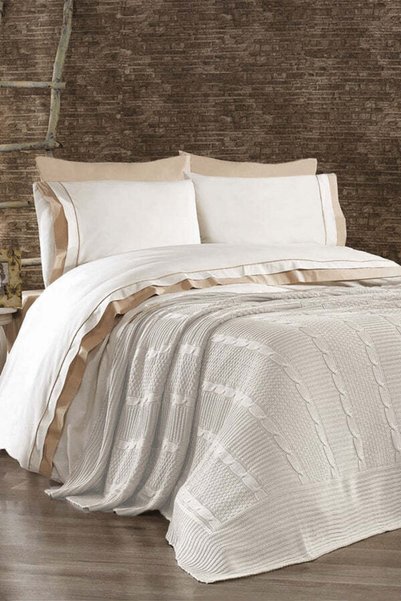 Minelya Home Collection 7 Piece Cotton Knitwear Blanket Ahzen Double Duvet Co...