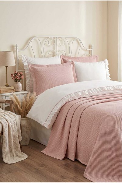 Luvana Home 7 Piece Cotton Pique Covered and Ruffled Fulya Double Duvet Cover Set Powder