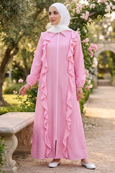 TOFİSA Çizgili Fırfırlı Detaylı Ferace Pembe - 2040-PEMBE