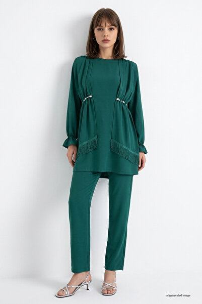 InStyle Tassel Detail Jewelled Crepe Set - Emerald Green