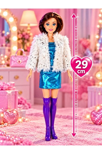 cayenna 29 cm Parlak Elbiseli Şık Ceketli ve Uzun Çizmeli Moda Bebek Modelleri