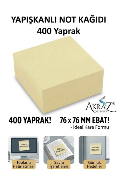 Akraz Art Design YAPIŞKANLI NOT KAĞIDI postit KÜP 76X76 400yp. PASTEL SARI 1 ...