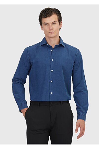 Ramsey Ανοιχτόχρωμο ίντιγκο ίσιο πουκάμισο casual εφαρμογής, μακρύ, υφαντό, c...