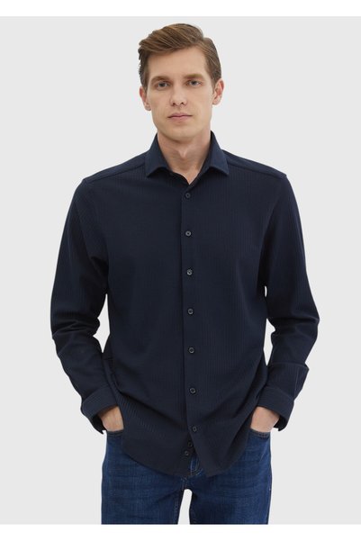 Ramsey Μπλε ναυτικό ριγέ πουκάμισο casual με μακριά μανίκια, 100% βαμβακερό