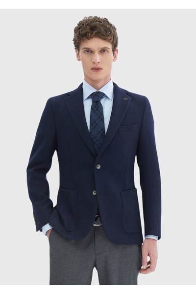 Ramsey Lacivert Desenli Shirt Shoulder Slim Fit Yün Karışımlı Örme Ceket
