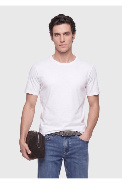 Ramsey Beyaz Düz Bisiklet Yaka %100 Pamuk T-Shirt