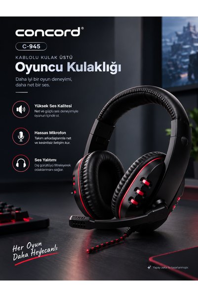 Concord C-945 Kablolu Kulak Üstü Oyuncu Kulaklığı – USB Mikrofonlu Oyuncu Kul...