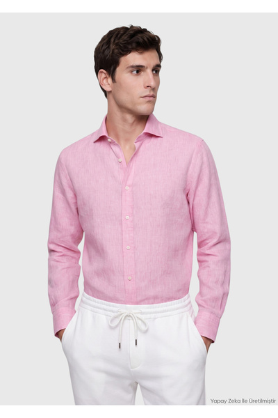 Ramsey Ροζ Απλό Casual Fit Μακρύ Υφαντό Casual Πουκάμισο από 100% Λινό