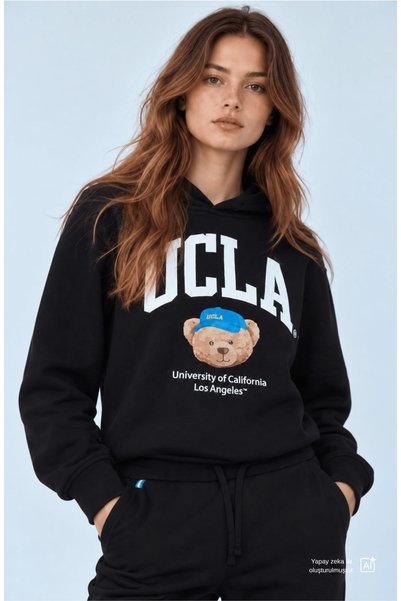 UCLA MAIA Negru cu glugă cu imprimeu Hanorac pentru femei Loose Fit tricou