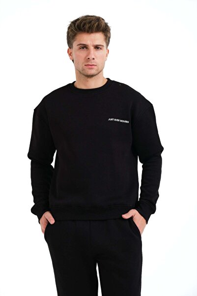JUSTEVER Crew Neck Embroidered Raised Fleece Inside Black Men's Sweatshirt - ...