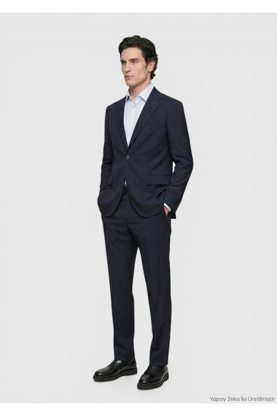 Ramsey Koyu Lacivert Düz Zeroweight Slim Fit Yün Karışımlı Takım Elbise