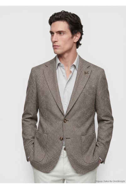 Ramsey Açık Kahve Desenli Zeroweight Slim Fit Pamuk Karışımlı Ceket