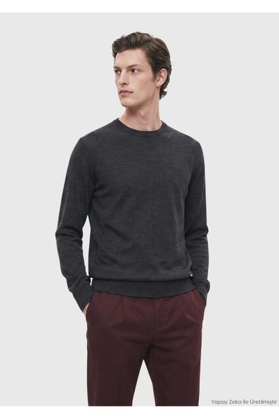 Ramsey Anthracite Crew Neck Plain Knit Wool Blend Sweater