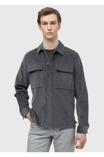 Ramsey Koyu Gri Düz Casual Fit Uzun Dokuma Kadife %100 Pamuk Overshirt