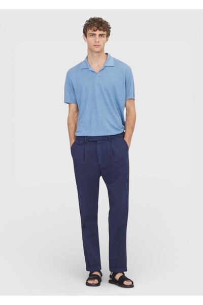 Ramsey Navy Blue Plain Weave Relaxed Fit Casual Cotton Blend Trousers