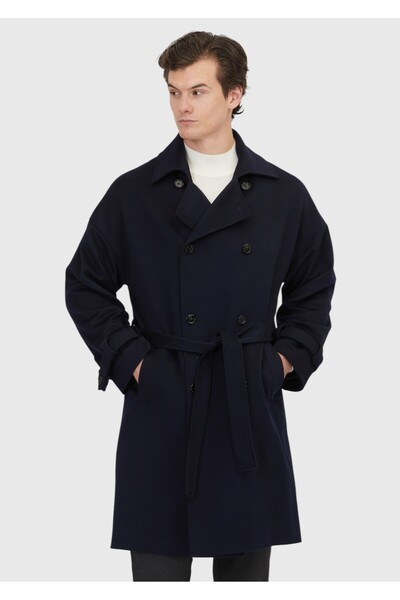 Ramsey Lacivert Oversize Fit Kruvaze Yaka Dokuma Palto